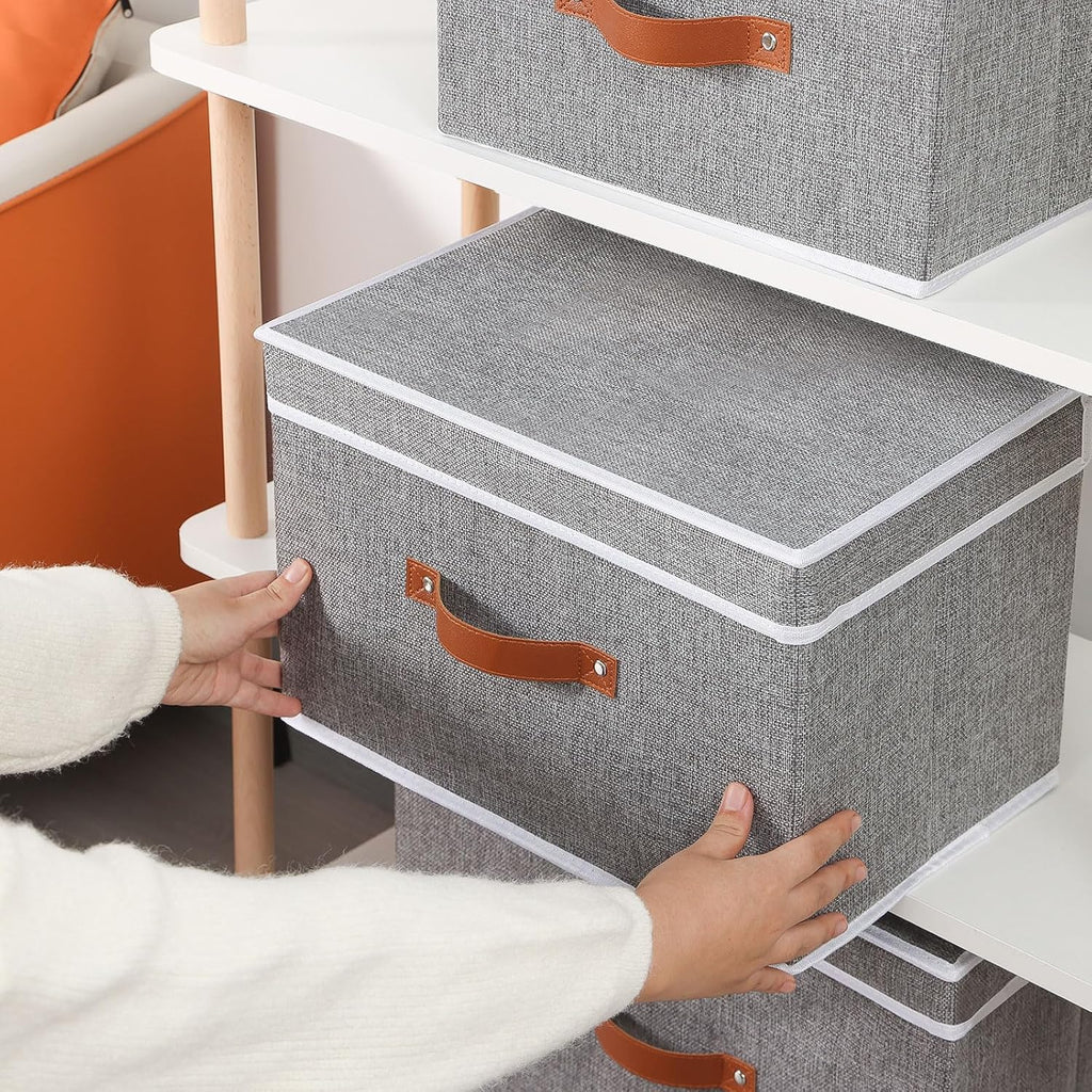 Collapsible Storage Bins with Lids, 5 Pack Linen Foldable Cloth Baskets, 15 x 9.8 x 9.8 Inch Closet Organizer Containers with Double Handles, Sweater Boxes for Bedroom, Grey
