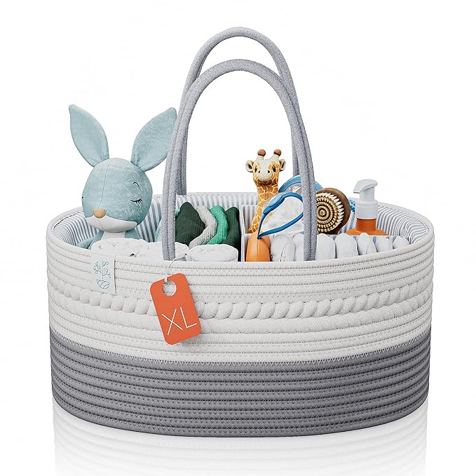 KiddyCare Woven Diaper Caddy Organizer, Large Gray Multi Functional Portable Baby Basket with Handle, Baby Gift for Boy/Girl Nursery Storage, Organization, and Modern Car Diaper Caddy Gray X-Large