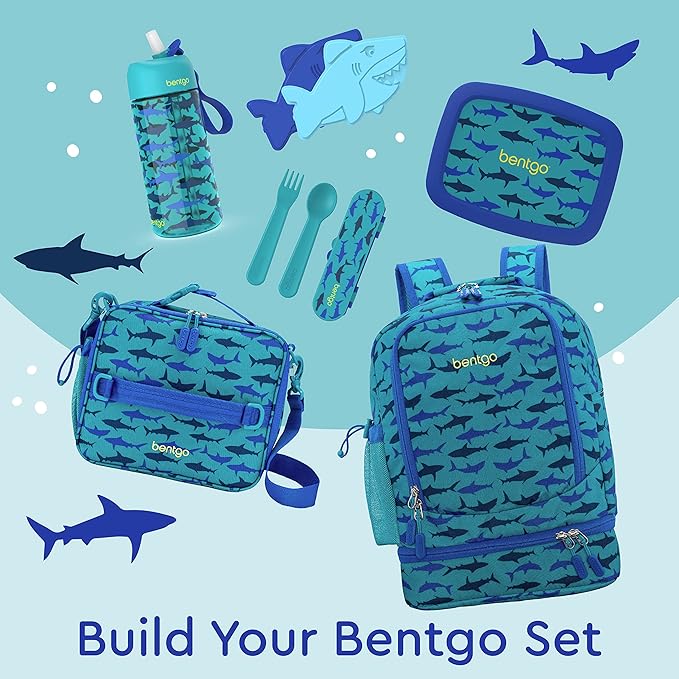 Bentgo Kids 2-in-1 Backpack & Insulated Lunch Bag - Durable 16” Backpack & Lunch Container in Unique Prints for School & Travel - Water Resistant, Padded & Large Compartments (Shark)