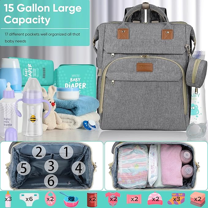 Diaper Bag Backpack for Mom and Dad, Large Capacity Baby Travel Bag with USB Charging Port, Waterproof Foldable Baby Bag for Boys and Girls, Stylish Maternity Backpack for Travel & Hospital，Grey