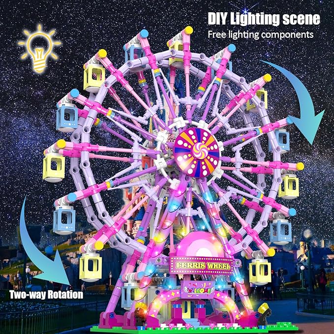 Ferris Wheel Building Block Set with Fairy Light, Two-Way Rotating Ferris Wheel Building Set 813 Pieces, Amusement Park Interlocking Blocks Toys for Ages 8-13, Gift Idea for Boys and Girls
