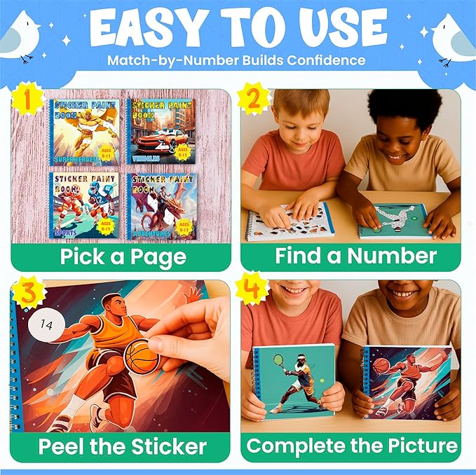 BulbaCraft 4Pcs Sticker Paint Books for Boys - Sticker Books by Number with Superheroes, Sports, Vehicles and Adventures - Coloring Activity for Kids