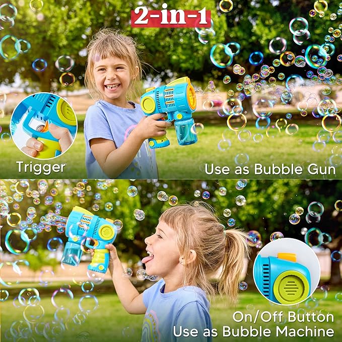 Sloosh Kids Bubble Gun Machine with Refill Solution, 2 in 1 Automatic Bubble Maker Guns for Toddlers 1-3 Kids 4-8, Outdoor Toy, Adults, Summer, Party, Easter, Gift