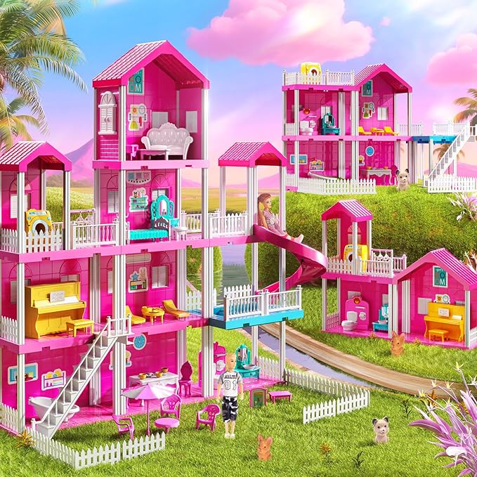 Pink Villa Playset for Girls Ages 3-7, 4-Story 10-Room House with 2 Dolls, Furniture & Accessories, Pretend Play Toddler Toy, Birthday Gifts for Kids 3-8