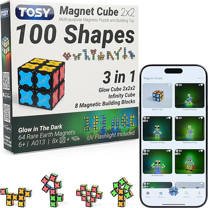 TOSY Magnet Cube 2x2 - 8 Blocks, 2 in 1 Toy: 2x2x2 Puzzle Cube and Customizable Infinity Cube, Glowing, UV Flashlight, Fidget/Sensory/STEM/STEAM Magnet Tiles Birthday Gift for Kids/Teens/Adults