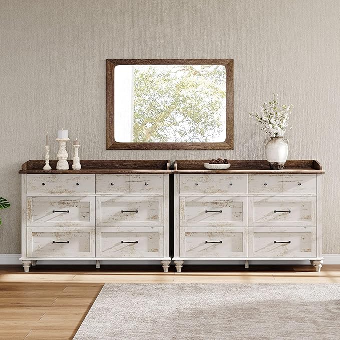 WAMPAT 2 Pack Kids Dresser with 12 Drawers, 2-in-1 Baby Dresser for Bedroom & Kids Room, Rustic Chests & Dressers Wooden Closet Organizer for Children’s Bedroom, Antique White