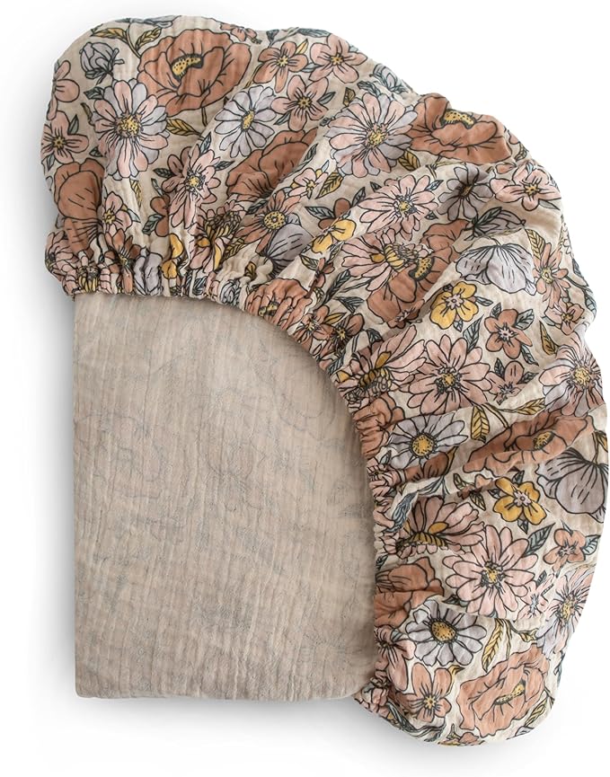 mushie Extra Soft Muslin Fitted Crib Sheet | 192 Thread Count | 28"x 52" (Retro Flowers)