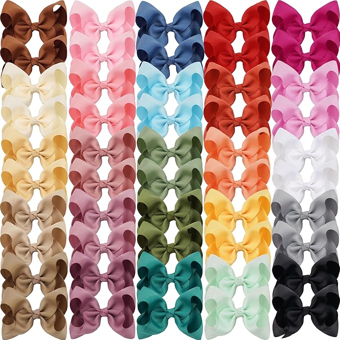 CÉLLOT 50 Pieces 4.5 Inch Hair Bows for Girls Clips Grosgrain Ribbon Boutique Hair Bow Alligator Clips For Girls Teens Toddlers Kids in Pairs