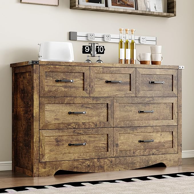 7-Drawer Dresser for Bedroom, Modern Wooden Chest of Drawers with Metal Handles, Anti-Tipping Design, Sturdy and Stable Storage Organizer for Living Room, Entryway, Home Office