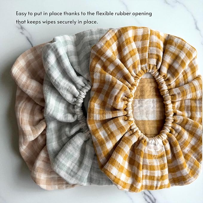 Baby Wipes Cover – Universal Size, One Size Fits All Wipes Packages | Muslin Cotton Tissue Cover for Nursery, Diaper Bag & Changing Table, Station | Gingham & Neutral Patterns (3-Gingham Mint)