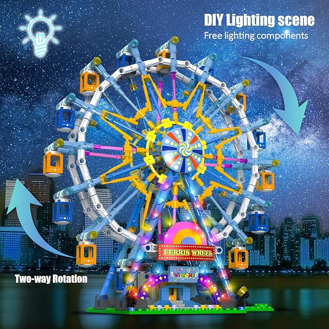 2025 Newly Upgrade Ferris Wheel Building Set with Fairy Light, Two-Way Rotating Ferris Wheel Building Blocks Set of 813 PCS, Amusement Park Model Kit for Kids Ages 8+, Ideas Gift for Boys and Girls