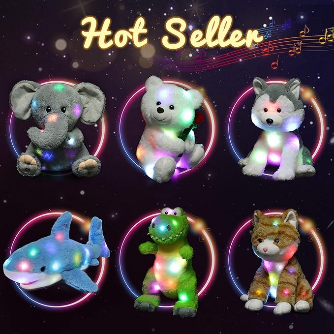 Hopearl LED Musical Stuffed Kitty Light up Singing Plush Cat Adjustable Volume Lullaby Animated Soothe Birthday Gifts for Kids Toddler Girls, Grey, 13.5''