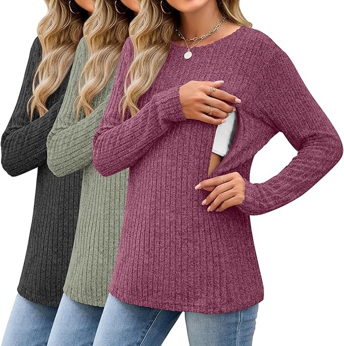 3 Pack Women's Nursing Long Sleeve Tops Breastfeeding Thermal Sweaters with Hidden Zipper Maternity Ribbed Shirts