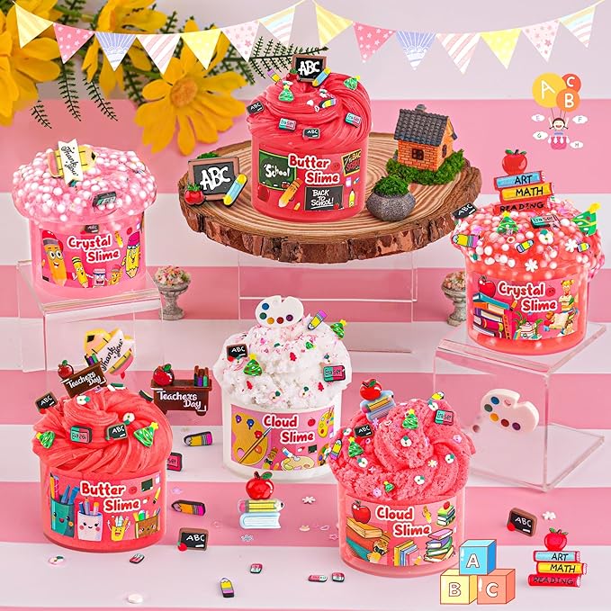 LAWOHO 6 Packs Slime Kit, Back to School Slime Gifts for Kids, Red Learning Themed Slime with Cloud Butter Clear Textures, Birthday Party Favors Goodie Bags Stuffer Anxiety Stress Relief Toys