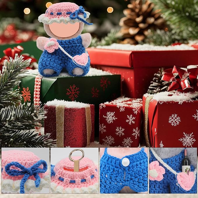 Handmade 17cm Doll Clothes - Purely Hand Crocheted Overalls Hat & Heart-Shaped Bag, Easy Put On, No Doll, 17cm Doll Accessories for Gifts