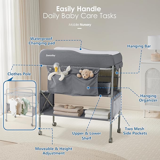 Sweeby Portable Baby Changing Table, Foldable Diaper Changing Station with Waterproof Pad, Mobile Nursery Organizer for Infant & Newborn Essentials, Dark Grey