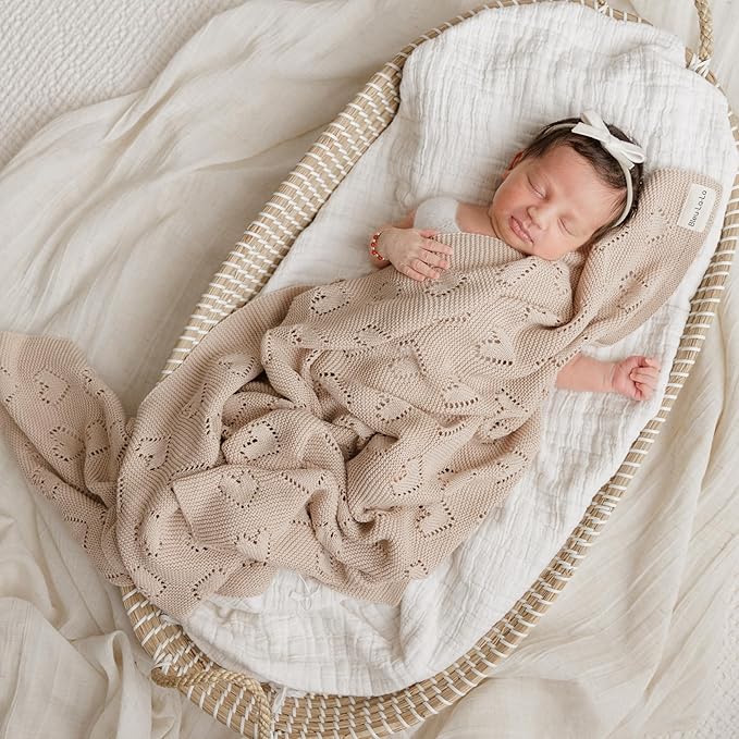 Heirloom Knit Heart Receiving Unisex Blanket for Boys and Girls - 100% Luxury Cotton Baby Blanket - Soft Warm Swaddle Receiving Blanket for Newborns Infants & Toddlers (Oatmeal)