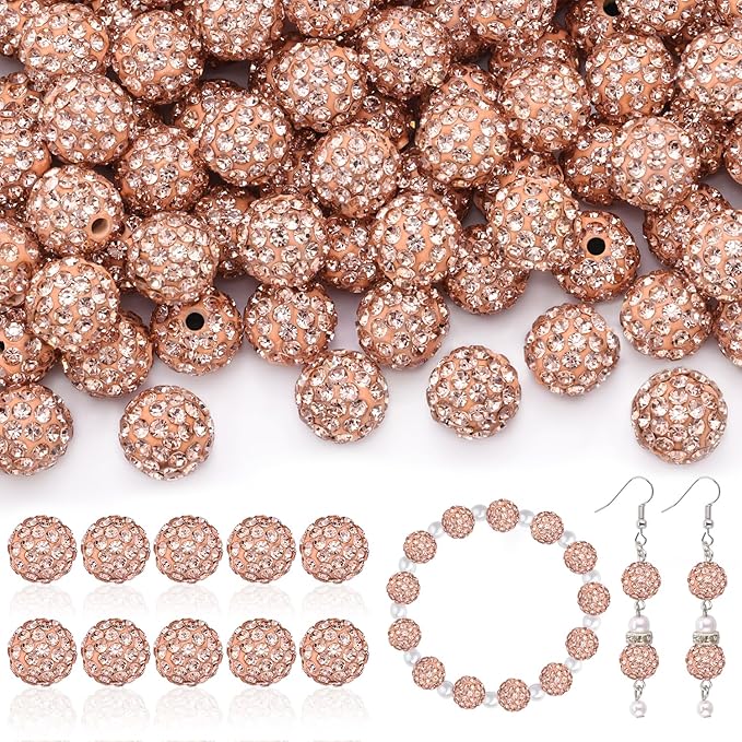 105pcs 10mm Rhinestone Beads for Jewelry Making, Light Peach Shiny Round Disco Ball Beads Bulk, Sparkle Crystal Clay Christmas for Bracelet Baseball Necklace Earring Crafting and DIY