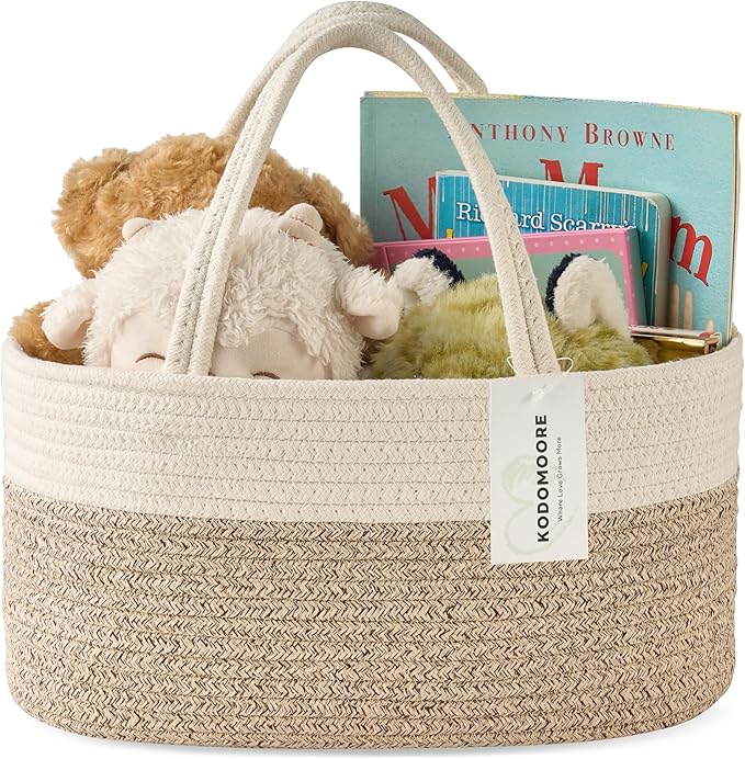 Diaper Caddy Organizer, Empty Gift Basket for Newborn Essentials, Baby Storage Basket, Stylish Gift Bag for Baby Shower, Boys and Girls – Small, White and Beige Brown