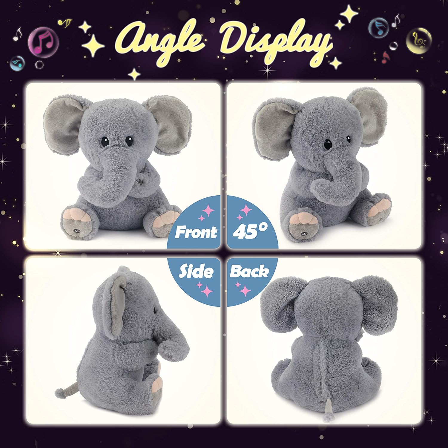 Hopearl LED Musical Stuffed Elephant Lighting Up Singing Plush Toy Adjustable Volume Lullaby Animated Soothe Birthday Festival for Kids Toddler Girls, Gray, 11''