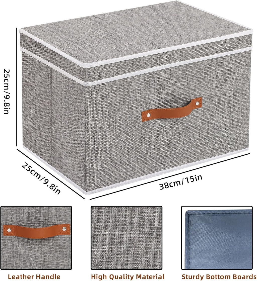 Collapsible Storage Bins with Lids, 3 Pack Linen Foldable Cloth Baskets, 15 x 9.8 x 9.8 Inch Closet Organizer Containers with Double Handles, Sweater Boxes for Bedroom, Grey