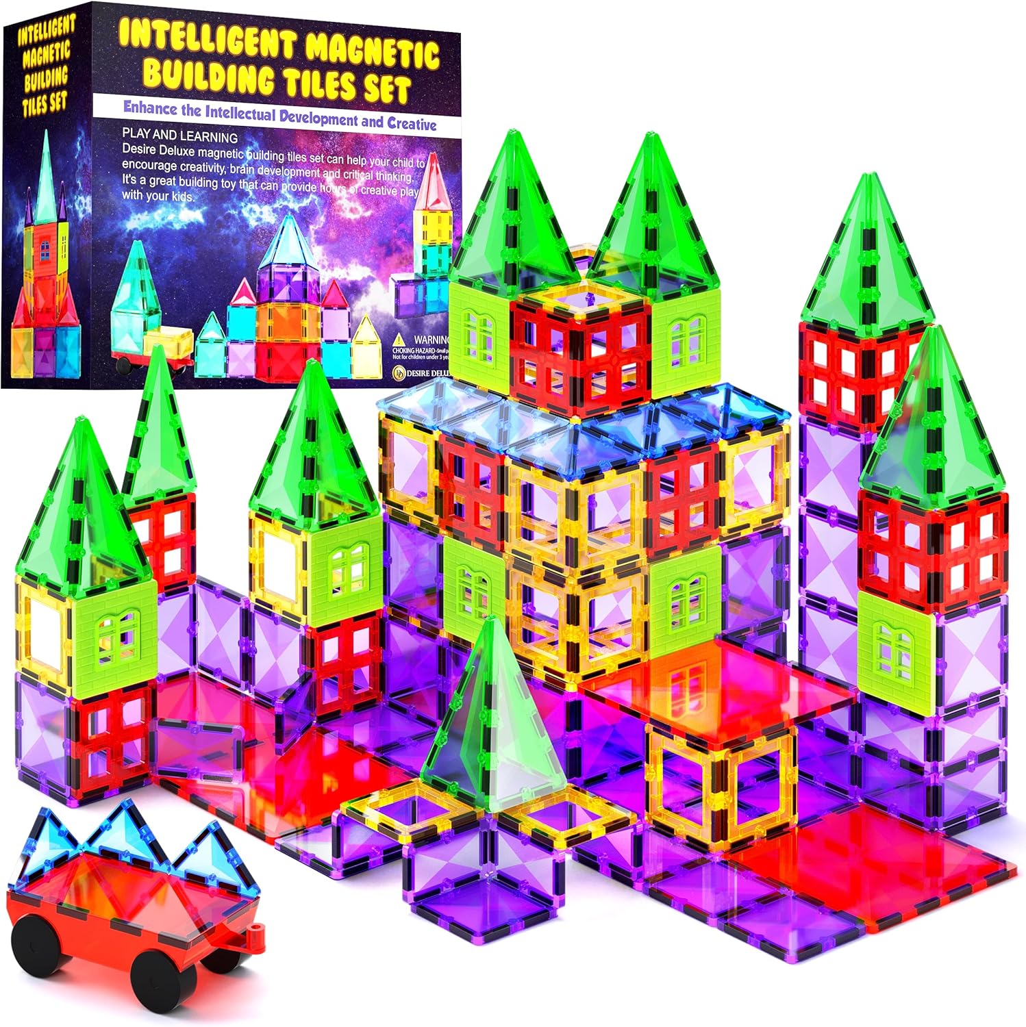 Magnetic Tiles Building Blocks Toy - STEM Educational Magnet Set for Kids, Creativity Preschool Learning Sensory Montessori Toddler Toys for Boys & Girls 3+ Years Old - 57PC