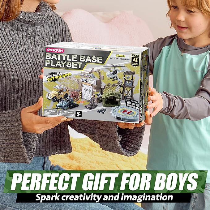 SYNCFUN Military Toy Set with Army Base, Vehicles, Action Figures & Weapon Accessories, Helicopter with Light & Sound - Christmas Birthday Gift for Kids Boys Girls