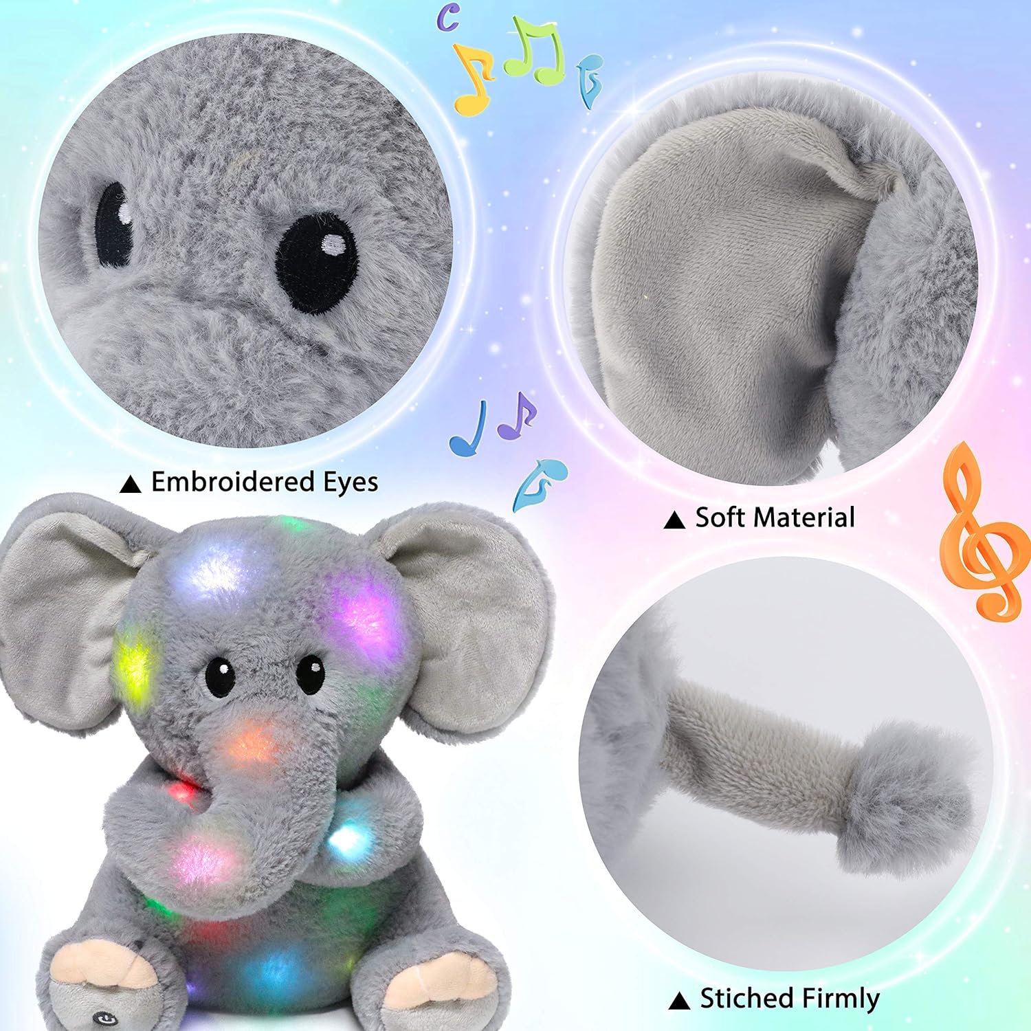 Hopearl LED Musical Stuffed Elephant Lighting Up Singing Plush Toy Adjustable Volume Lullaby Animated Soothe Birthday Festival for Kids Toddler Girls, Gray, 11''