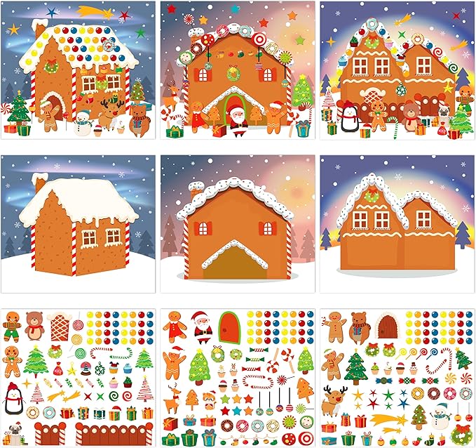 LINAYE 48PCS Make A Gingerbread House Stickers, Christmas Crafts for Kids, Gingerbread House Craft Stickers, 24 Finished Products