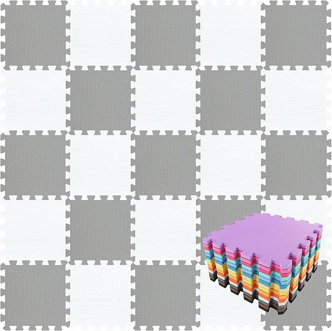 qqpp EVA Rubber 18 Tiles Interlocking Puzzle Foam Floor Mats - Baby Play Mat for Playing | Exercise Mat for Home Workout. White, Gray. QC-ALb18N