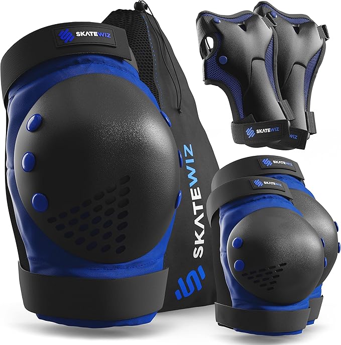 SKATEWIZ Skateboard Pads Protective Gear Set for Kids - Smash - Roller Skate Pads [6pc] - Elbow Pads Roller Derby and Knee Pads Kids Skating with Wrist Guards for Kids and Adults