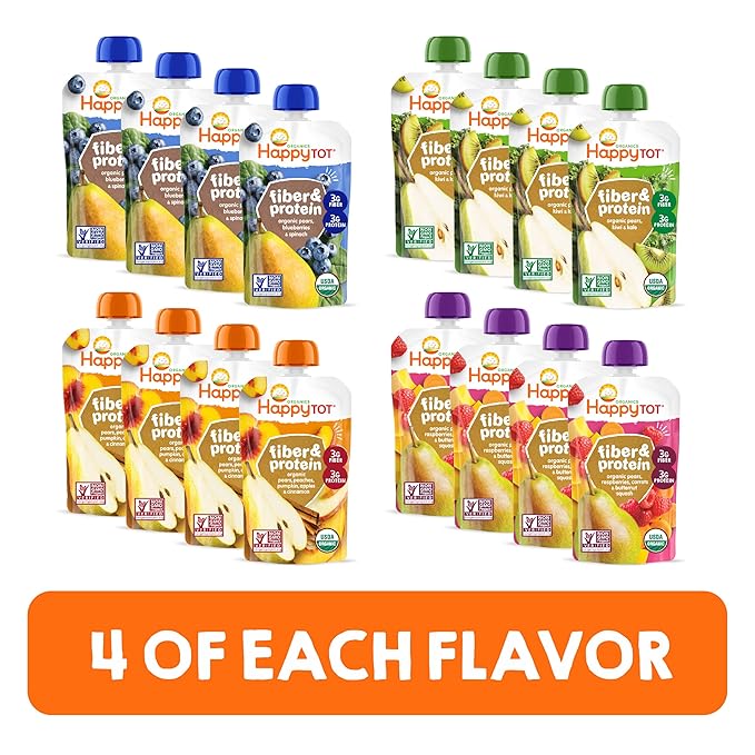 Happy Tot Organics Super Morning Variety Pack, 4 Ounce Pouch (Pack of 16) & Stage 4 Fiber & Protein 4 Flavor Variety Pack (Pack of 16)