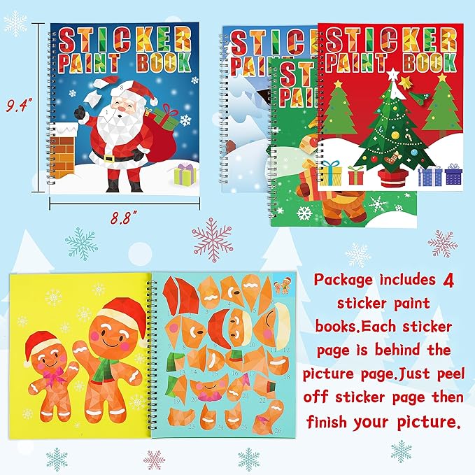 90shine 4PCS Christmas Crafts for Kids Ages 4-8 Sticker Paint Books - Includes Santa Clause Snowman Elf Gnome and More Designs Gift Party Create 40 Pictures