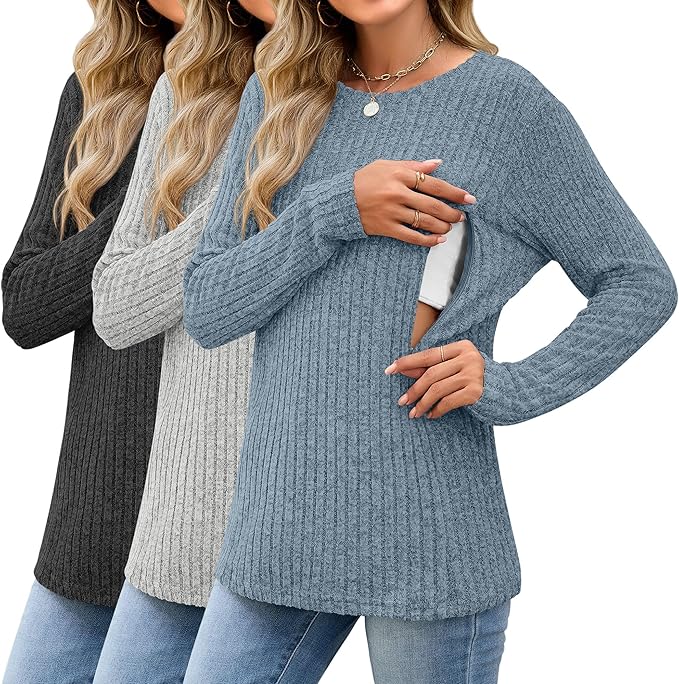 3 Pack Women's Nursing Long Sleeve Tops Breastfeeding Thermal Sweaters with Hidden Zipper Maternity Ribbed Shirts