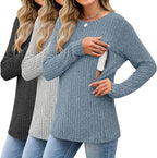 3 Pack Women's Nursing Long Sleeve Tops Breastfeeding Thermal Sweaters with Hidden Zipper Maternity Ribbed Shirts