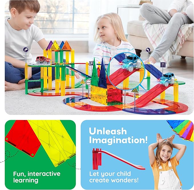 PicassoTiles 6 Piece Magnetic Tiles Race Track Ramp Accessories STEM Building Blocks Toys Magnet Tile Educational Construction Playset Boys Girls Brain Development and Creative Pretend Play Toy PTR06