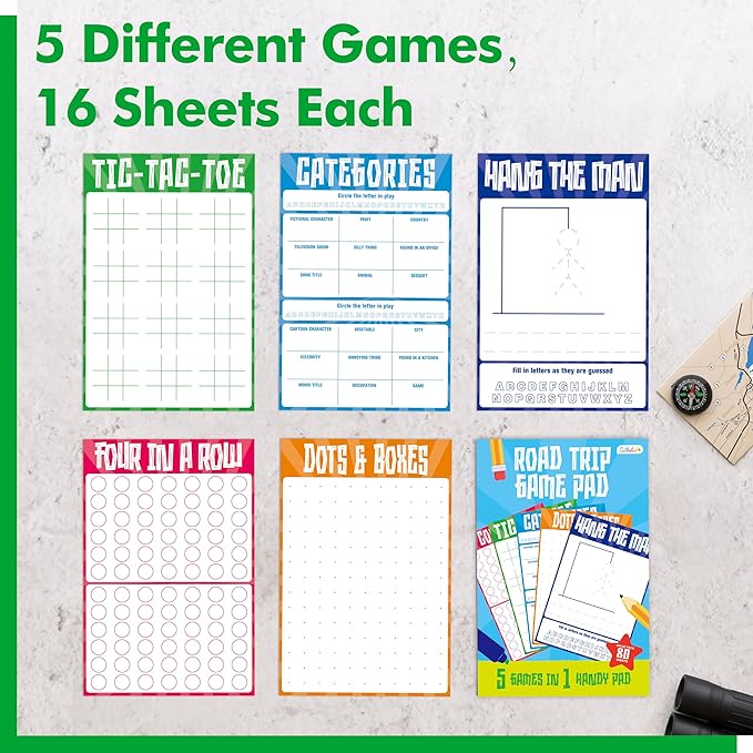 Road Trip Game Pad, 80 Perforated Sheets Travel Activity Pad, 5 Games in 1 Pad, Plane, Car Trip Activity, Pen Pencil & Paper Game for Kids, Adults (6” x 9”)