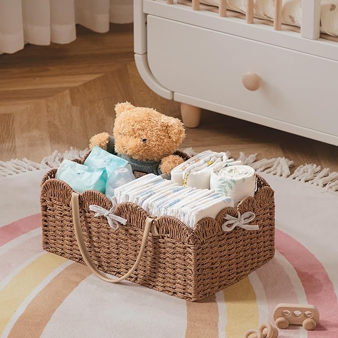 HBlife Large Baby Diaper Caddy, Paper Rope Storage Baskets Nursery Bin with Removable Divider, Portable Car Organizer for Diapers, Baby Shower Gifts, Newborn Essentials Must Haves