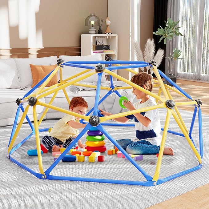 Climbing Dome, 6FT Geometric Dome Climber for Kids, Kids Indoor Outdoor Jungle Gym Supports 600lbs, Easy Assembly Playground Jungle Gym Backyard Play Equipment, Yellow+Blue