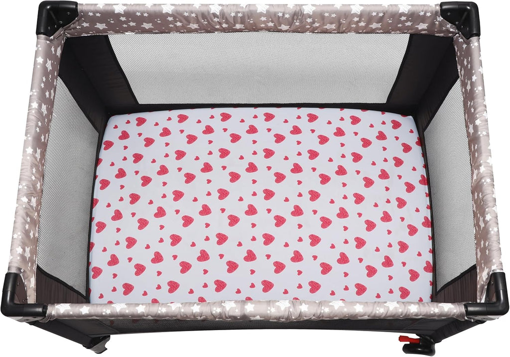 Pack and Play Sheets Fitted, 2 Pack Pack n Play Sheets for Graco Pack n Play Mattress, Unisex Playard Sheets for Boys Girls (Love & Pink, 38 X 26 Inch)