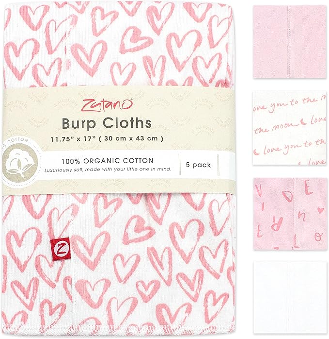 Zutano 5-Pack Organic Burp Cloths for Baby Girl & Boy, Large Cotton Burping Cloths for Babies | Absorbent Baby Spit-Up Rags | Gender Neutral Burp Clothes | Newborn Essentials, Pink Hearts