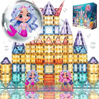 Little Pi Mermaid Princess Magnetic Building Blocks Castle - Magnet Tiles Doll House - Educational Stem Playset Toddler Toys - Birthday Gift for Kids Age 3 4 5 6 7 8 Year Old Girls & Boys