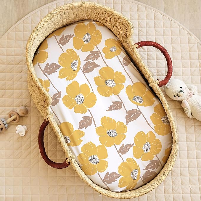 Baby Bassinet Sheets Girl (Poppy Fields) 2-Pack - Fitted Bedside Bassinet Sheets - Buttery Soft Cotton Blend for Standard Bassinet Mattress Pad - Compatible with Halo Bassinest