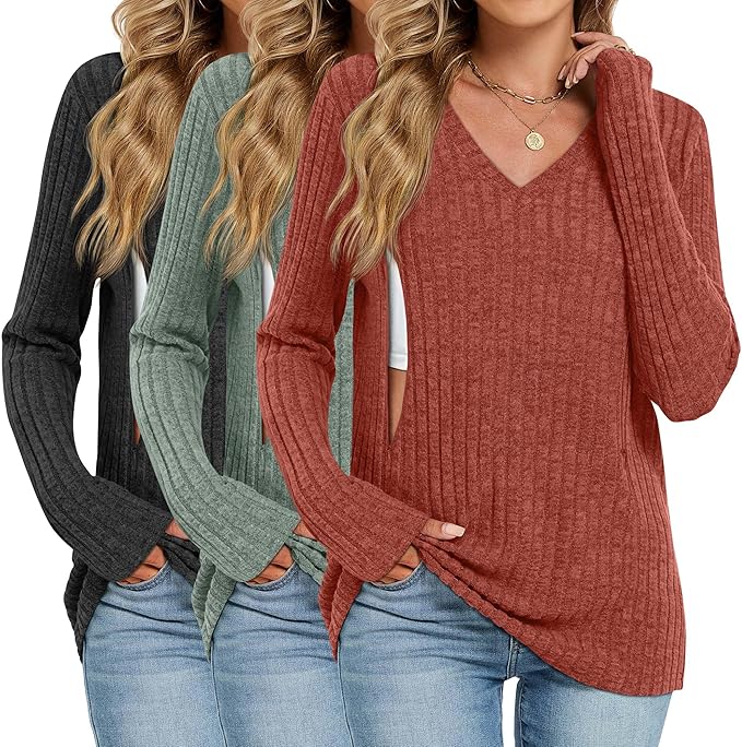 3 Pack Women's Maternity Nursing Tops, V Neck Breastfeeding Sweaters Long Sleeve Hidden Zipper Shirts