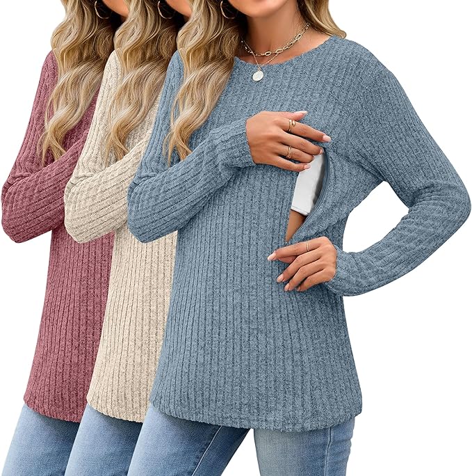 3 Pack Women's Nursing Long Sleeve Tops Breastfeeding Thermal Sweaters with Hidden Zipper Maternity Ribbed Shirts