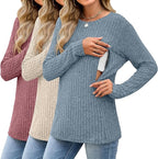 3 Pack Women's Nursing Long Sleeve Tops Breastfeeding Thermal Sweaters with Hidden Zipper Maternity Ribbed Shirts