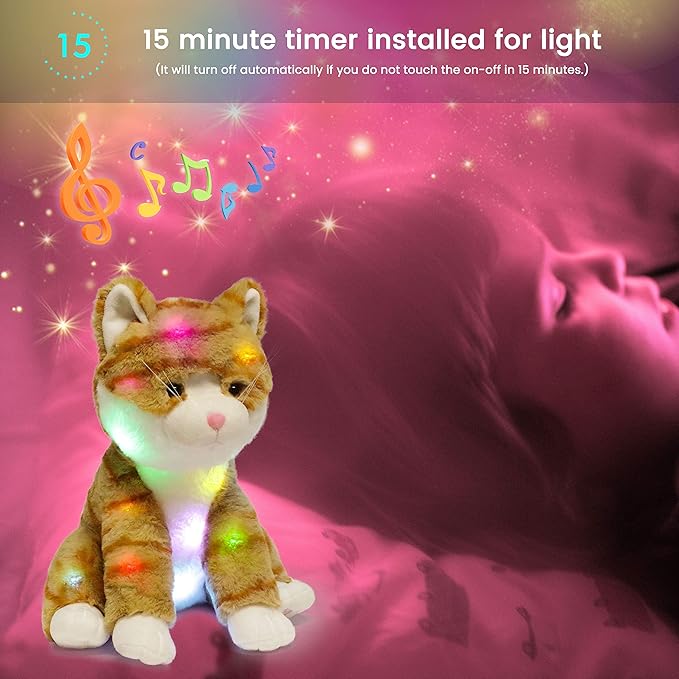 Hopearl LED Musical Stuffed Kitty Lighting Up Singing Plush Cat Adjustable Volume Lullaby Animated Soothe Birthday Festival for Kids Toddler Girls, Orange, 12.5''