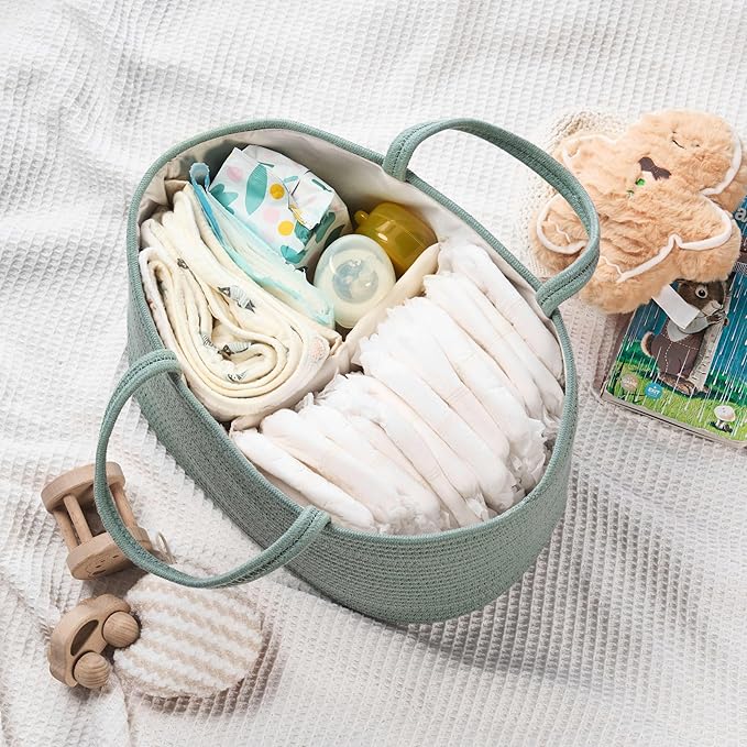 Diaper Caddy Organizer, Empty Gift Basket for Newborn Essentials, Baby Storage Basket, Stylish Gift Bag for Baby Shower, Boys and Girls – Large, Sage Green