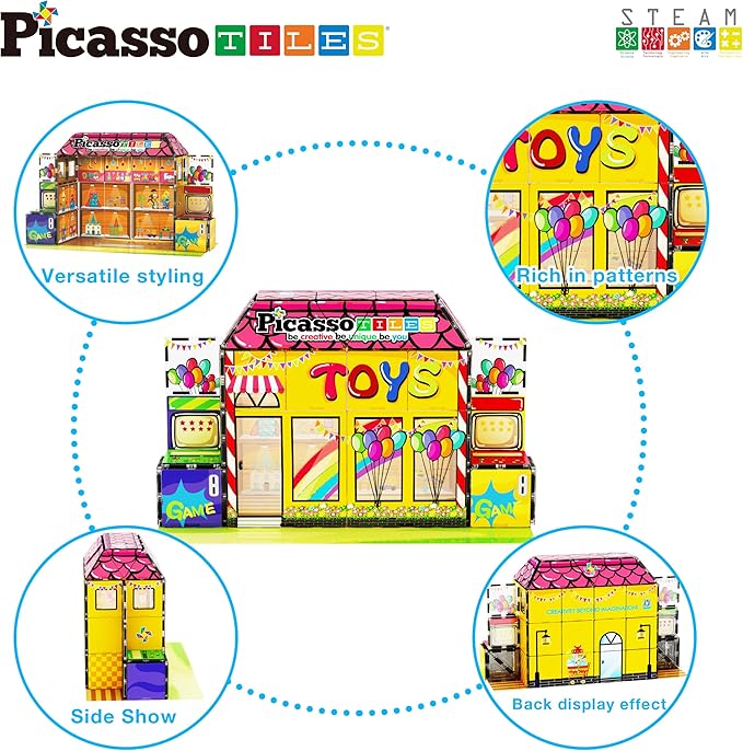 PicassoTiles 60pc Magnetic Building Block Magnet Tile Toy Shop Theme Pretend Play Construction Kit Reconfigurable Printed Structure Double-Sided Printing Education STEM Learning Playset Ages 3+ PTQ50