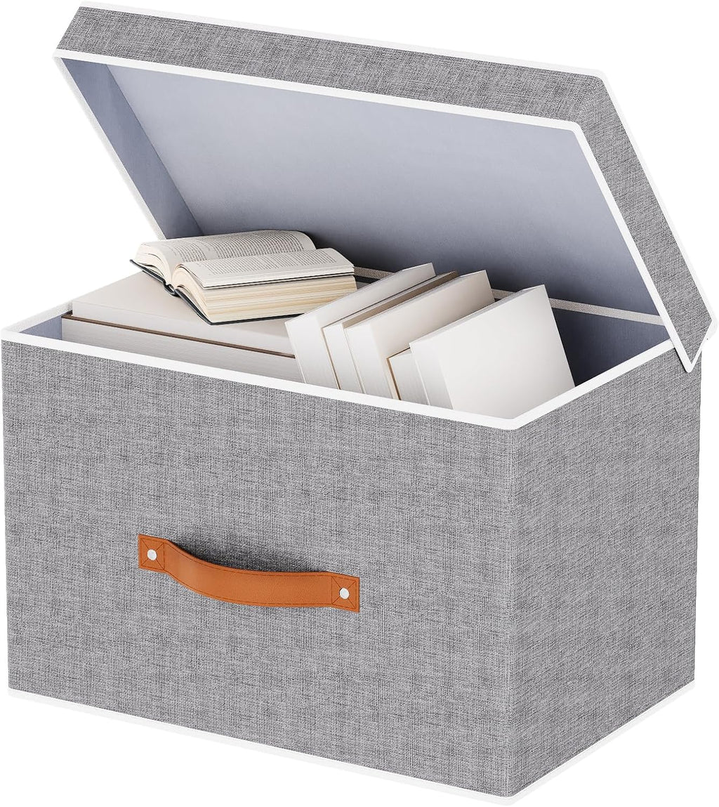 Collapsible Storage Bins with Lids, 1 Pack Linen Foldable Cloth Baskets, 15 x 9.8 x 9.8 Inch Closet Organizer Containers with Double Handles, Sweater Boxes for Bedroom, Grey